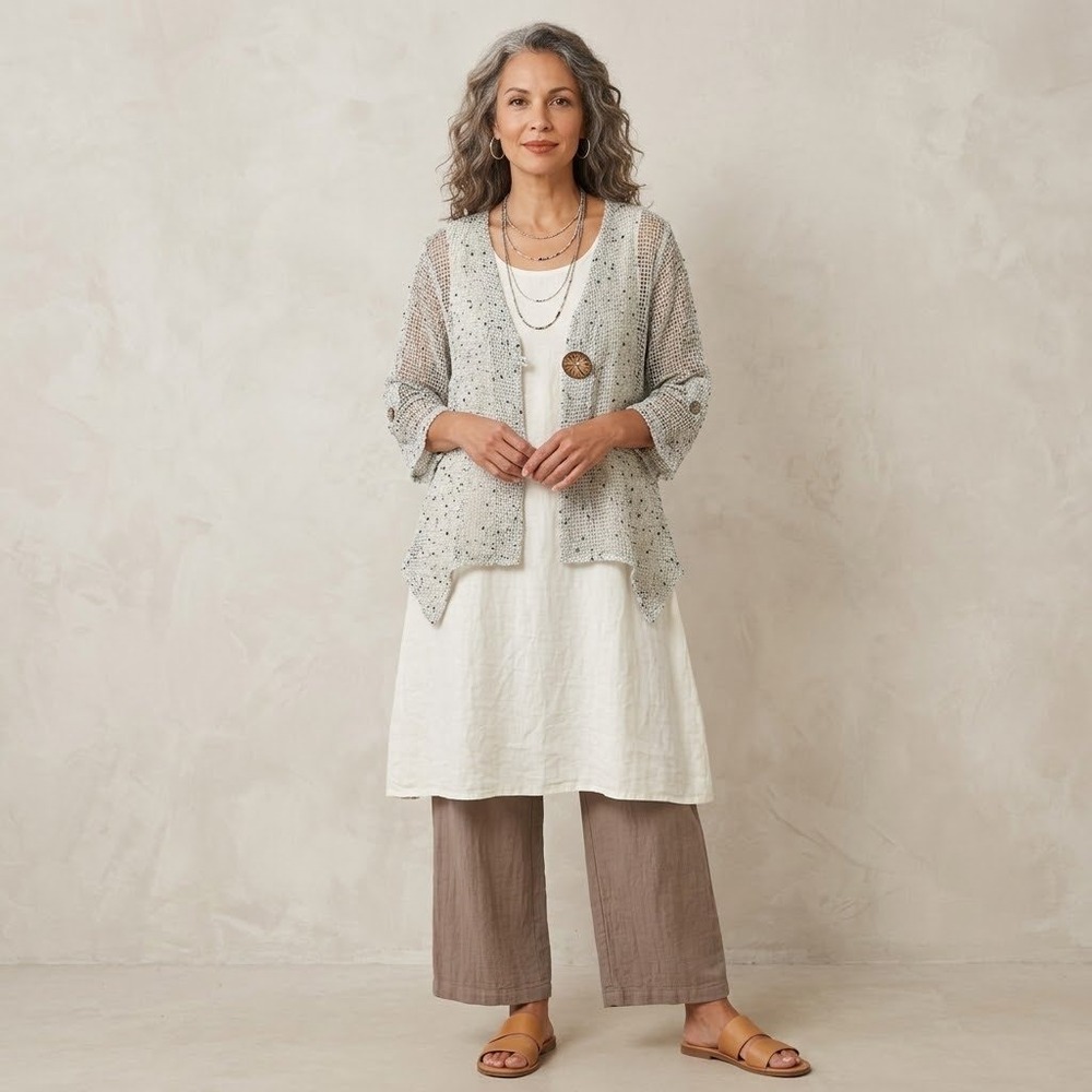 Nina Leonard Lagenlook Sharkbite Open Weave Mesh Cardigan Coconut Buttons Sz. M
